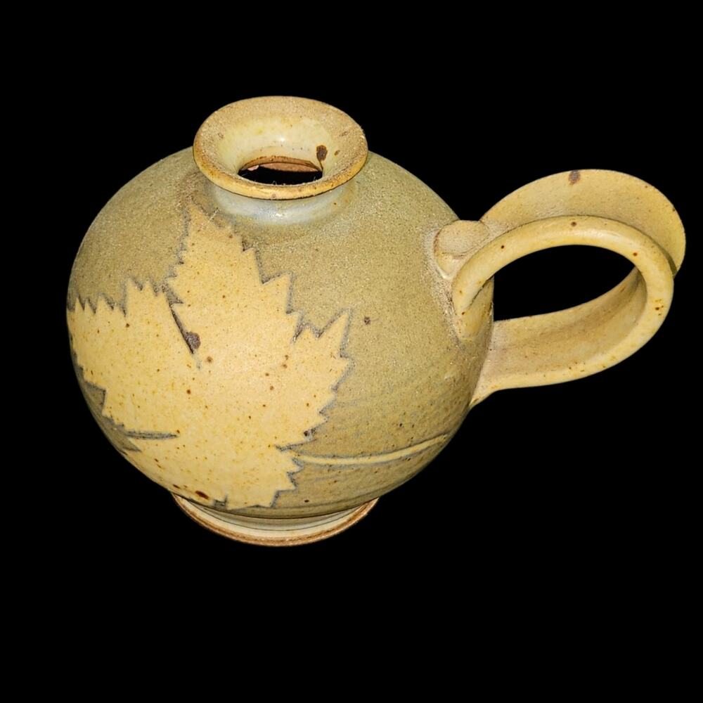 Vintage Studio Pottery Maple Leaf Bud Vase Jug Hand Thrown Stoneware Rustic